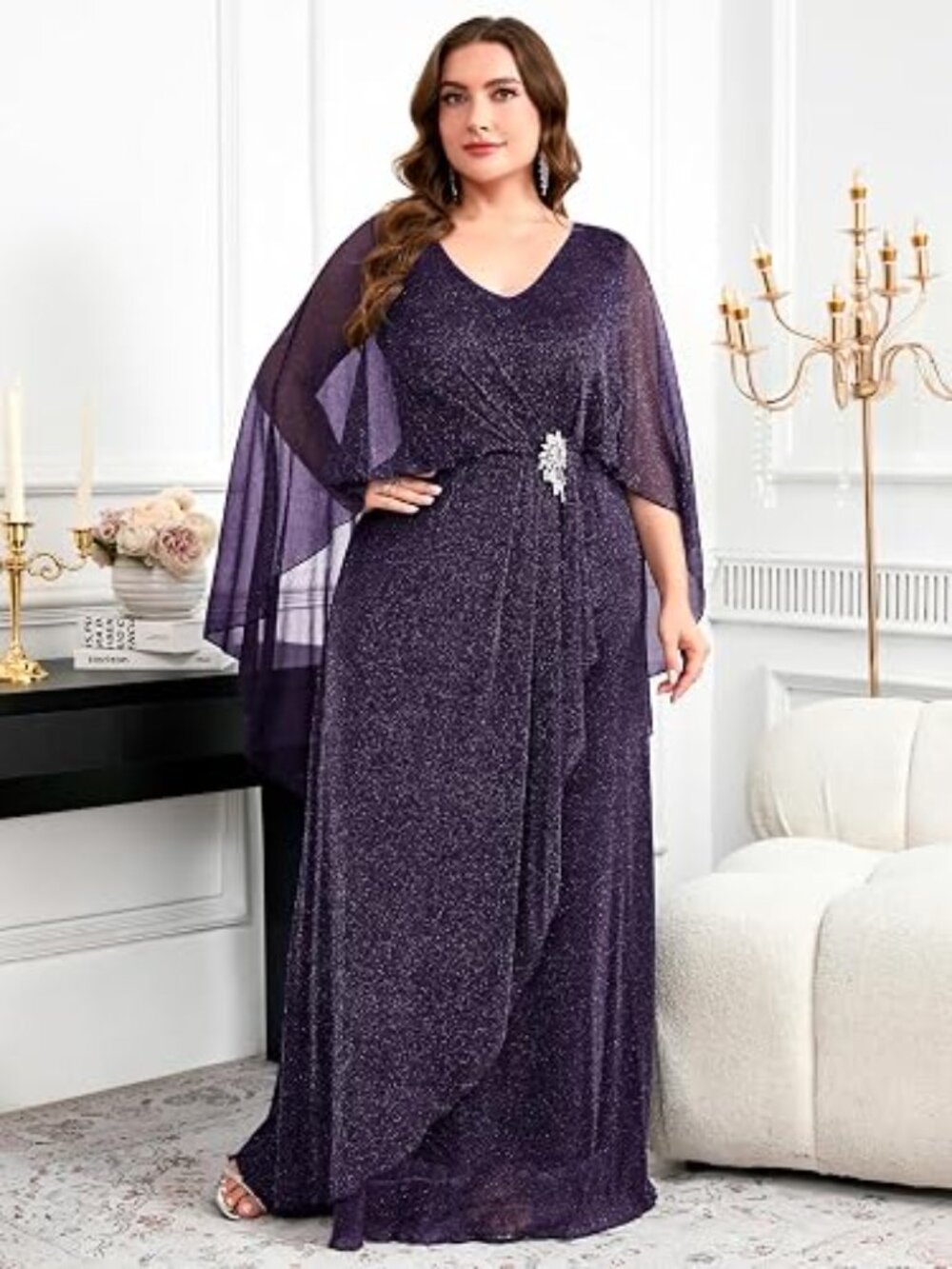 Tiaraly Women's Plus Size Purple Glitter Formal Dress w/Long Cape Jewels Size-2X - Picture 3 of 5